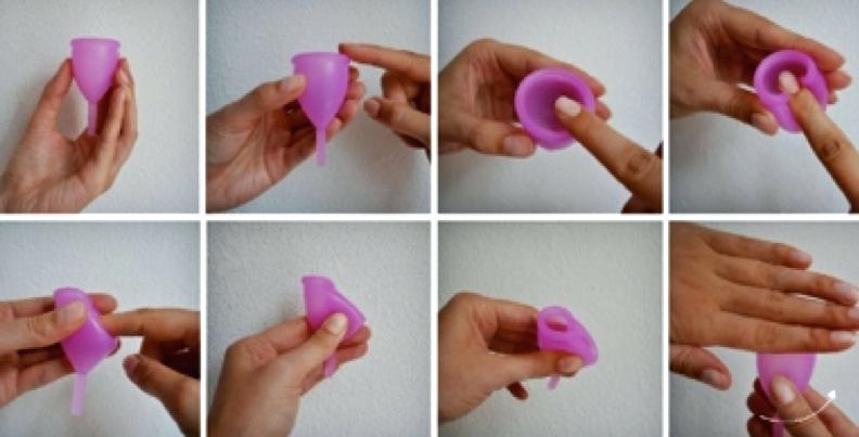 Diagram showing you how to fold your menstrual cup for insertion
