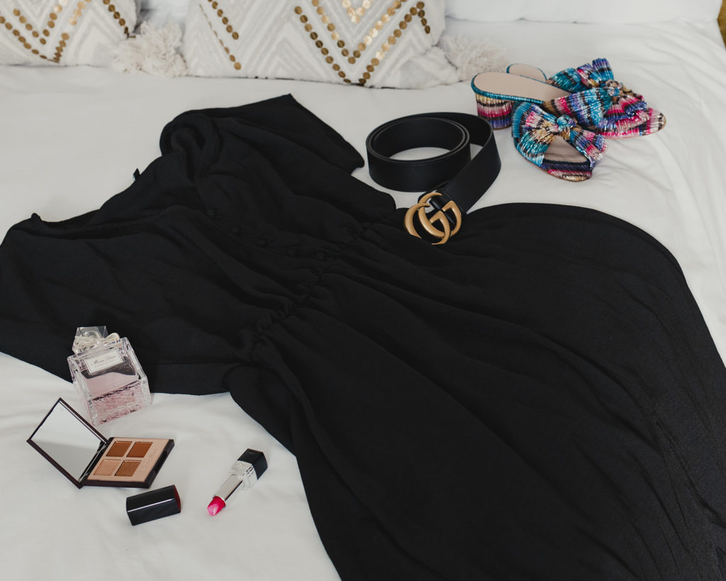 Summer Beauty with Nordstrom.com, Black Dress, Gucci Belt, Colorful heels and makeup. 