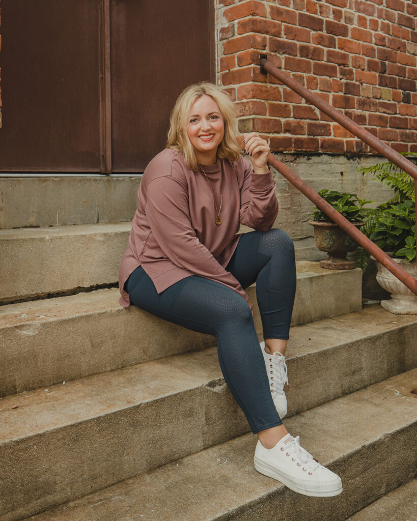 QVC Favorites for Fall - Sweatshirt Leggings Tshirt and white tennis shoes