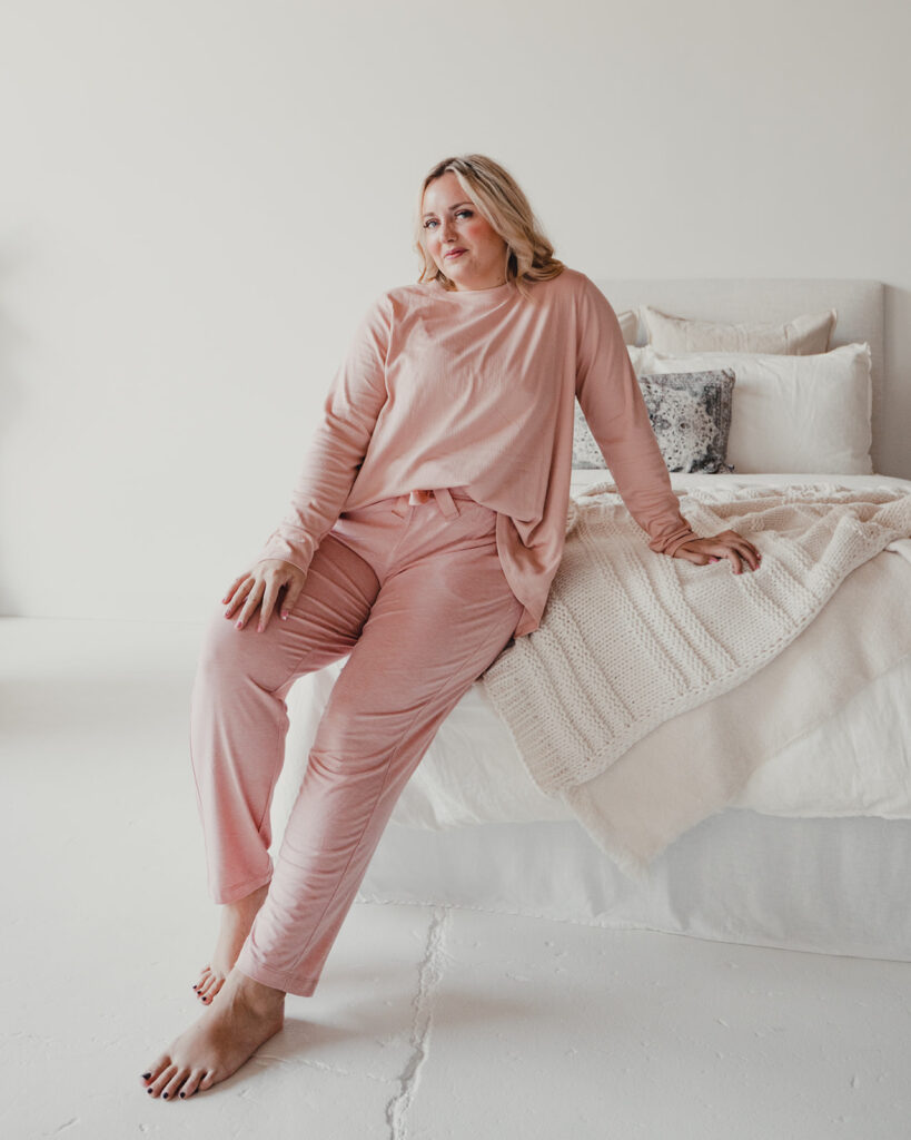 QVC Jersey Lounge Pant with Tie Waist + Knit Rib Swing Top in blush. 