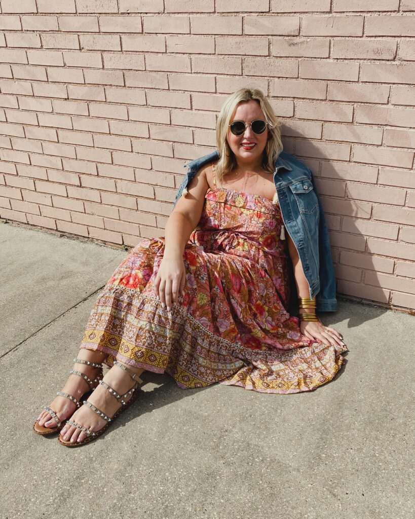 Easter Dresses from Red Dress - SELL EAT LOVE. Multi Print Boho Style Maxi Dress with neutral gladiator style sandals