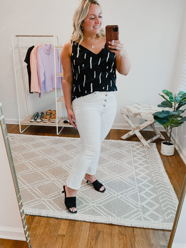 How To Style White Denim Jeans: Black V Neck Cami from Loft with White Denim Jeans