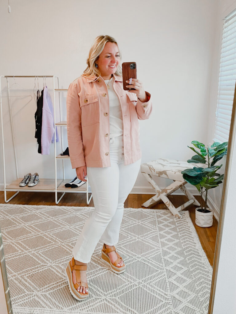 How To Style White Denim Jeans: Blush Shacket and White Denim Jeans and Mark Fisher Camel Wedge