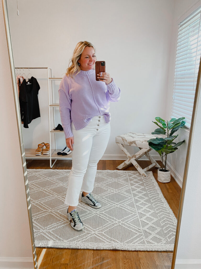 How To Style White Denim Jeans: Lavender Sweater from Target and White denim jeans from J. Crew