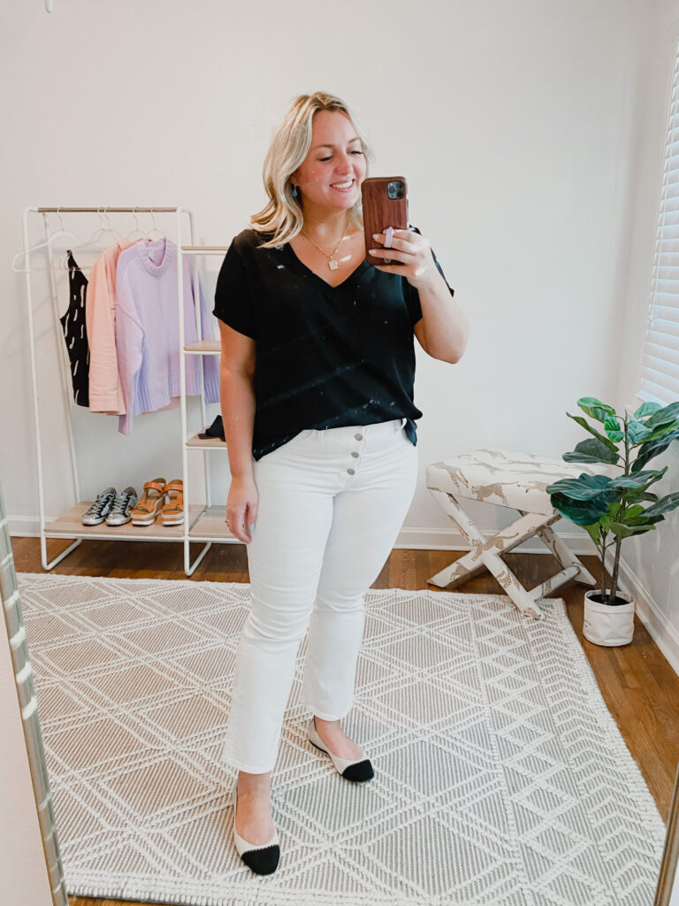How To Style White Denim Jeans: Black Satin Shirt with White Denim Jeans and Rothys Flat
