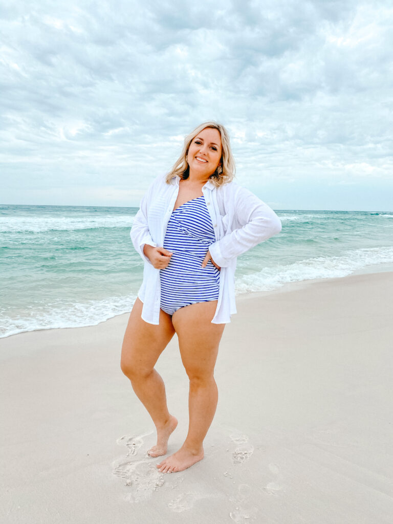 Kona Sol Swimsuit from Target -  Nautical Stripe One Piece Swimsuit, worn with a White Gauze Button Down Shirt. Selleatlove.com