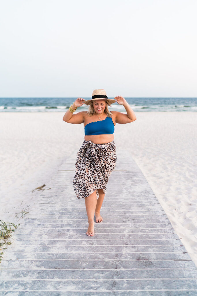 Memorial Day Sales - Women on the beach wearing Two Piece Blue Swimsuit and leopard print sarong 