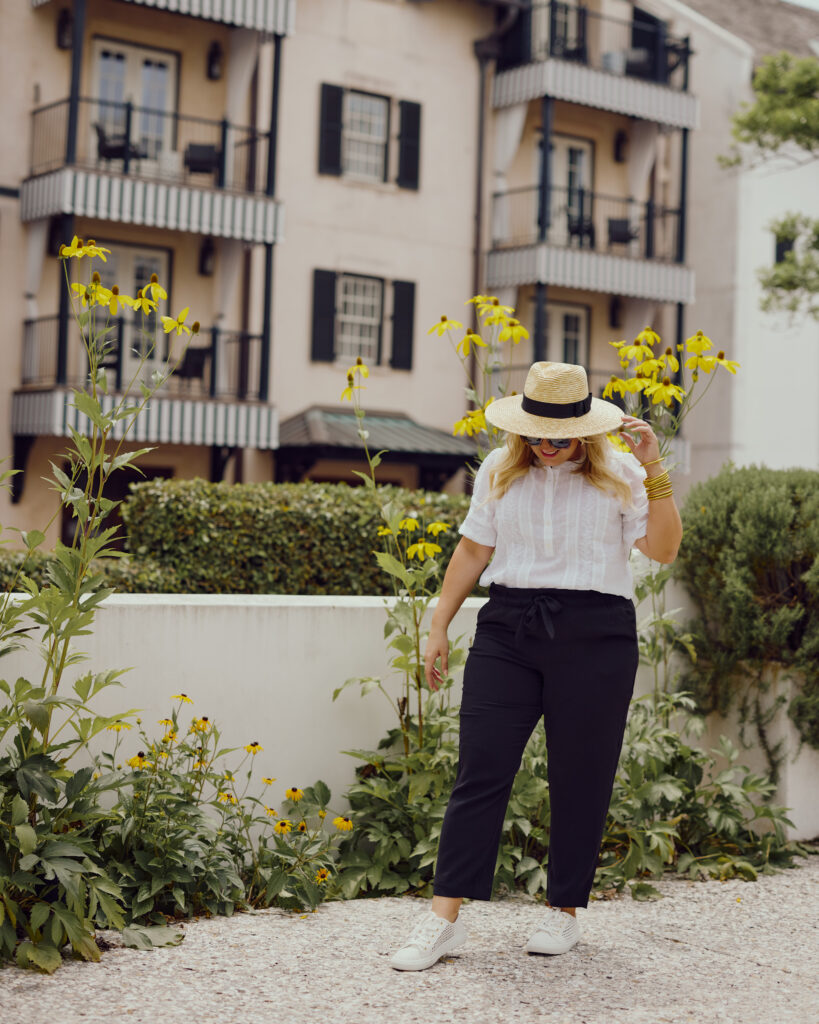 Summer Outfit Ideas - Workwear Look for Summer - Black Pants, Short sleeve white top 