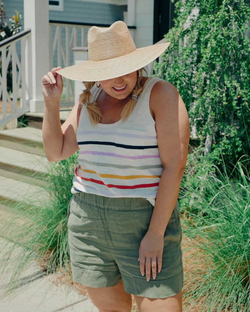 Summer Outfit Ideas  - Green Pull on Shorts with Striped Knit Tank and Hat