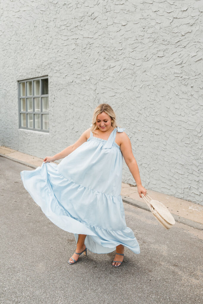 Wearing Light Blue Maxi Dress with pale blue two strap heels selleatlove.com