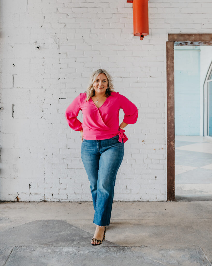 Denim Jeans with Pink Sweater and animal print heels.