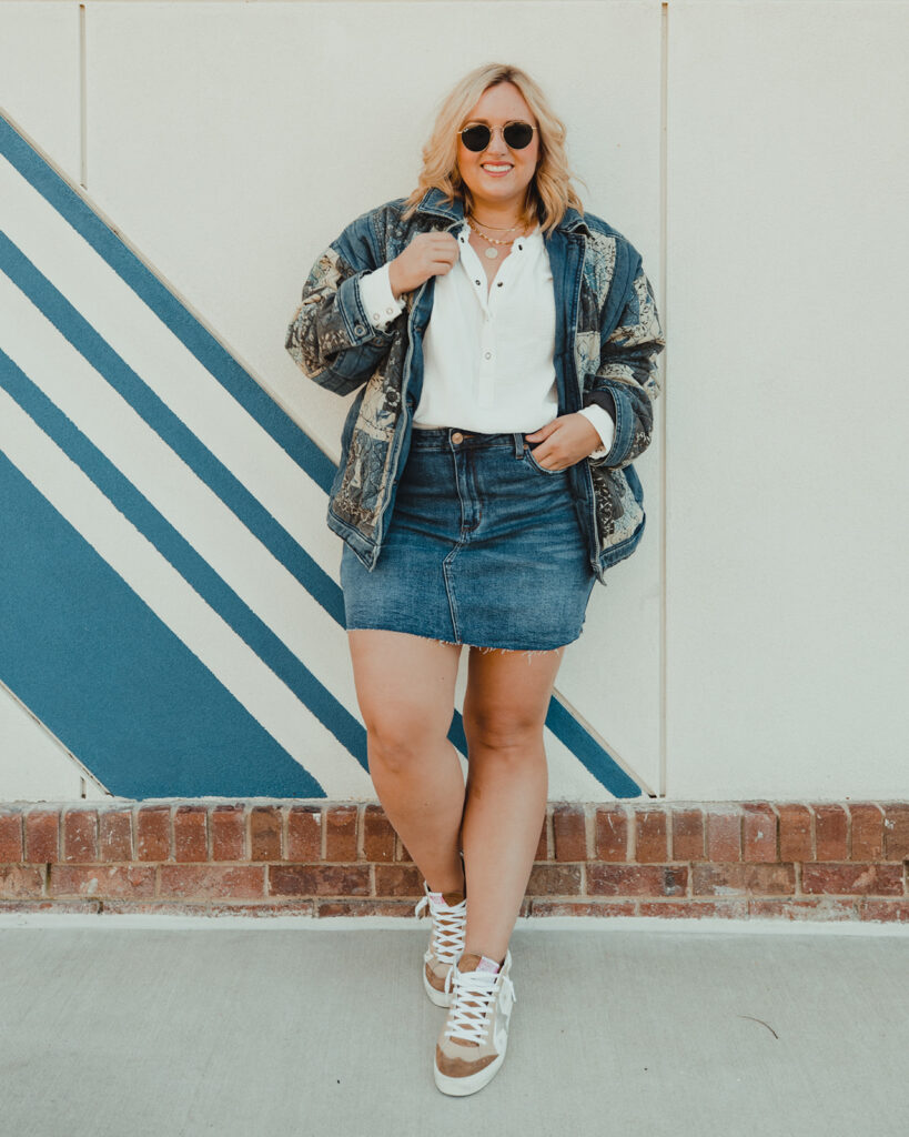 Denim Skirt, White Shirt and Jacket