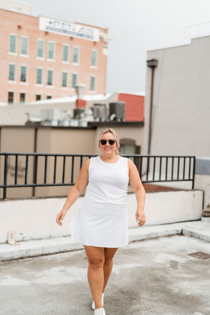 Nordstrom Anniversary Sale - White Spanx Skirt / Skort with white top and tennis shoes. SellEatLove.com