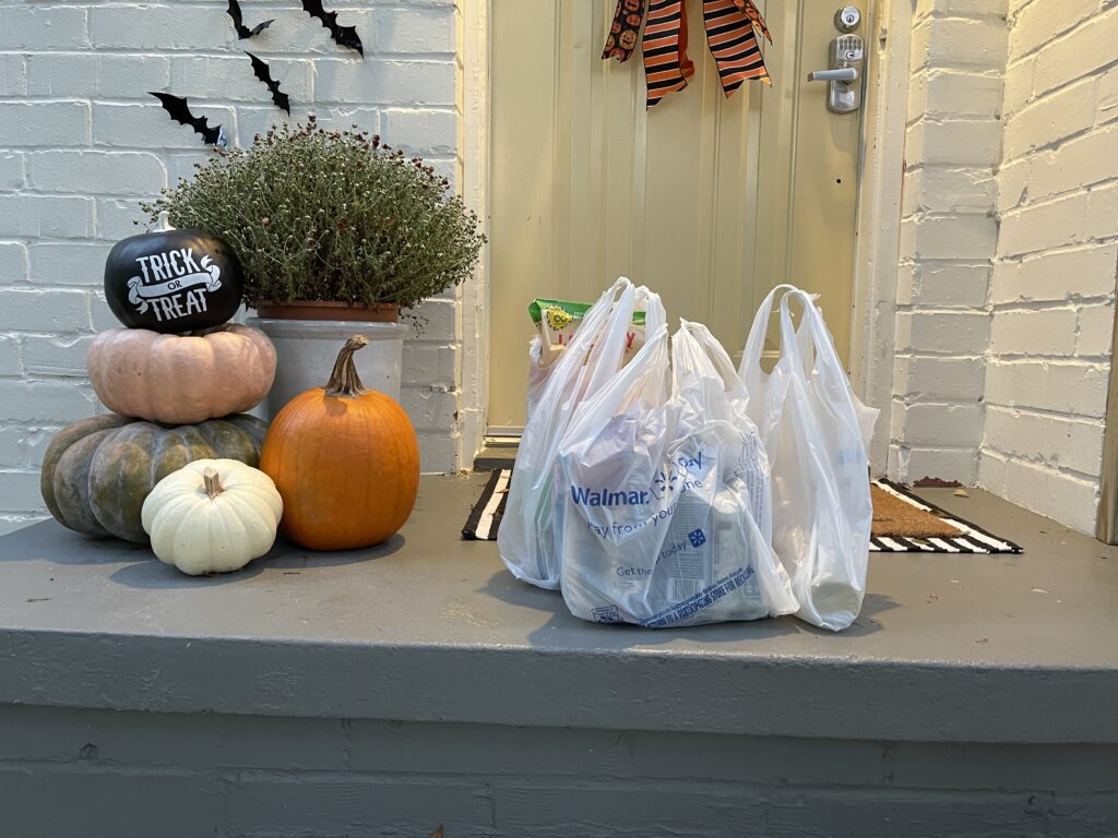 Walmart+ Groceries delivered to front porch.