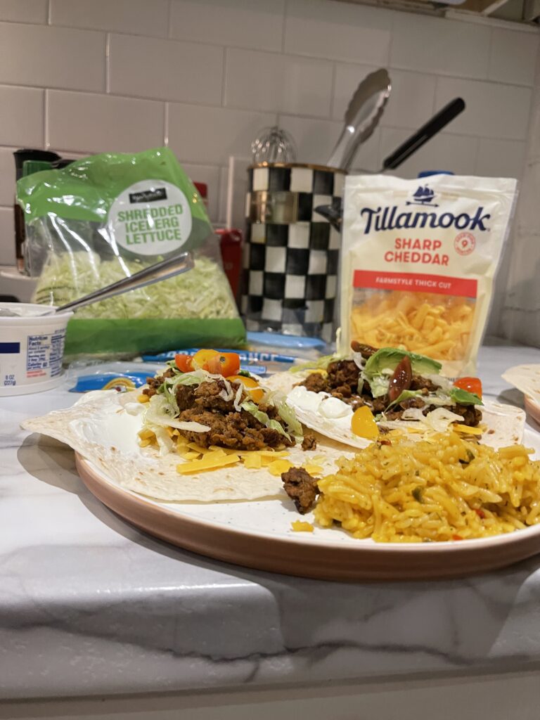 Beef Tacos fresh from Walmart+. Beef tacos with lettuce, shredded cheese, sour cream, tomatoes and avocado. 